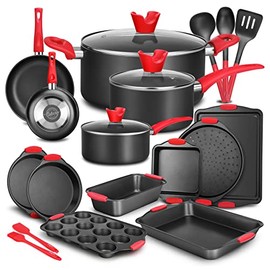 21-Piece Nonstick Cookware Set - PTFE/PFOA/PFOS Free Heat Resistant Lacquer Kitchen Ware Pots Pan w/ Cool-Touch Handles, Saucepan, Fry Pans, Lid, Bakeware, For Gas Electric Ceramic Cooktops