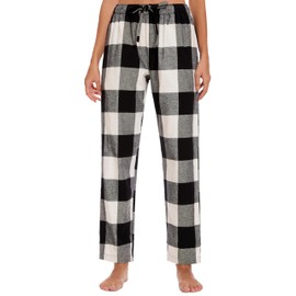 Lavenderi Women’s Soft Woven Cotton Flannel Pajama Pants, Long Pajama Bottoms with Drawstring and Pockets, Black White Plaid, X-Large