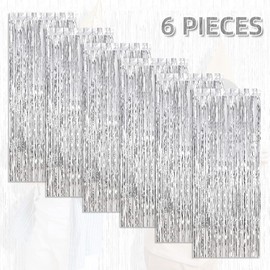 MMSZHL 6 Piezas Cortinas de Malla Metálica, Metálicos Cortina Brillante para Decoración de Boda, Telón de Fondo con Flecos, Fiesta Cumpleaños, Decoración Navideña, Protección Privacidad (Plata)