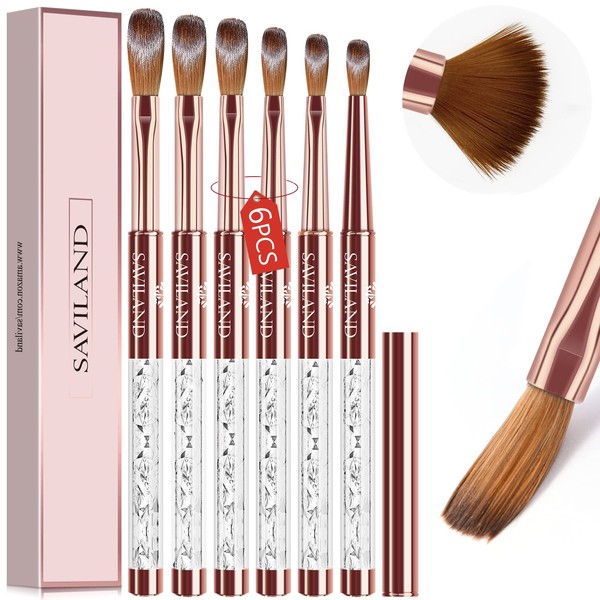 Saviland Acrylic Nail Brush Set - 6 Pieces Bronze Gold Professional Acrylic Brush for Acrylic Applications Size 10/12/14 for Nail Extension Size 4/6/8 for Nail Carving