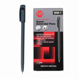 W M Worth Muse, Black Semi-Gel Pens Dozen Box (12pcs), Hybrid Ink Combo of Gel & Ball pen, Fine Point 0.7mm