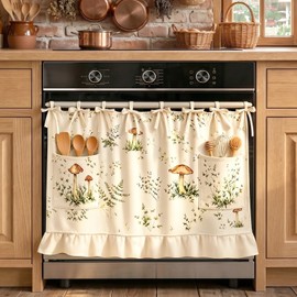 Oven Skirt Curtain for Kitchen Decor with Pockets, Mushroom Botanical Stove Cover Skirt with 8 Ribbon Ties, Farmhouse Oven Door Curtain Ruffle Dishwasher Cover for Kitchen Cabinet Decor, 21 x 29 Inch