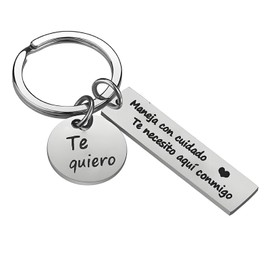 Drive Safe Keychain, Te necesito aqui conmigo Spanish Pendant I Love You Keyring Christmas Gifts for Boyfriend Husband（Silver）