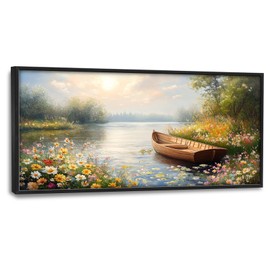 Framed Large Wall Art for Living Room, Lake Boat Canvas Wall Decor, Flower Pictures Painting, Natural Landscape Artwork for Living Room Bedroom Office 60L'' × 30W''