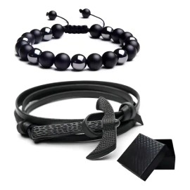 Pulsera Lynnette Cuero Obsidiana Hombre Ajustable 21cm Pack 2