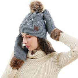 Maylisacc Thermal Knitted Pom Pom Skull Cap and Gloves with Fleece Lining, Faux Fur Bobble Hat and Mittens Set for Women Winter Knit Beanie Hats Gloves Set, Grey