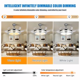 LUOLAX Bluetooth Remote Control Music Ceiling Fan Chandelier Multi-Function LED Invisible Retractable Blades Ceiling Fan Light for Restaurant Study Living Room Bedroom (36-Inch Style 5)