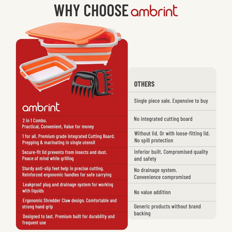 AMBRINT Medium 8L BBQ Prep Tub with Lid & 2