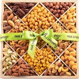 Nuts Gift Basket in Wood Tray + Green Ribbon (12 Piece Set) Valetines Day 2022 Idea Food Arrangement Platter, Birthday Care Package Variety, Healthy Kosher Snack Box for Adults Women Men Prime