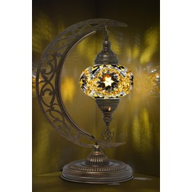 mozaist Turkish Lamp, Unique Lamps, Moon Shaped Mosaic Table Lamp, Moroccan Handmade Antique Bohemian Vintage Lamp Shade, Tiffany Desk Bedside Stained Glass Lamp with US Plug and E12 Socket
