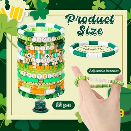 Sasylvia 32 Pcs St. Patrick's Day Bracelets for Women Stackable Beaded Stretch Bracelet Vinyl Polymer Clay Surfer Heishi Bracelets with Lucky Letters Shamrock for Women Jewelry Gift Irish Party