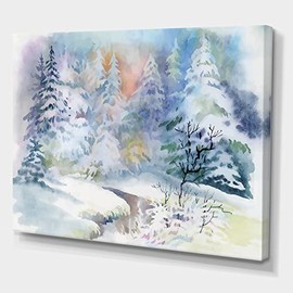 DesignQ Winter Landscape With Snowy River I Traditional Canvas Wall Art Blue 32x24