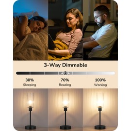 EDISHINE Table Lamp Touch Control, with USB C+A Charging Ports, 3 Way Dimmable Glass Table Lamp with Striped Glass Shade, Nightstand Lamp for Bedroom Living Room Office, Black