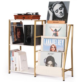 HYCFYJR Stand for Record Player, 3 Tier Vinyl Record Storage with Now Playing Holder, Turntable Stand, Vinyl Display with Speaker Storage for Living Room, Gold White