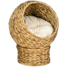PawHut Handwoven Elevated Cat Bed with Soft Cushion & Egg Chair Shape, Basket Bed Kitty House with Stand, Raised Wicker House for Indoor Cats, 20" H, Brown