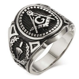 Silver Color Freemason Ring - Stainless Steel with Classic Center Design, pin Stripes, Etched Tool Symbols (Masonic Rings) (Size 09)