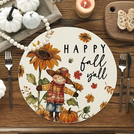 Artoid Mode Rust Pumpkin Sunflower Round Fall Placemats Set of 4, 14 Inch Thanksgiving Round Table Mats for Dining Decoration