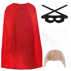 4 Pcs Underpants Super Hero Costume Kids Set – Long Red Superhero Cape,Bald Cap, White Underpants and Black Eye Mask – Childs Book Week World Book Day Costume Kids Boys