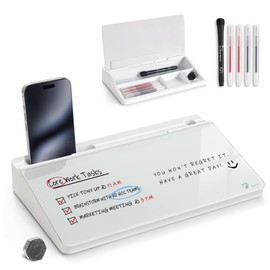 TOWON Small Compact Glass Desk Whiteboard with Storage 12 x 7 Inch Dry Erase for Desk Home Office School Includes 5 Markers, Eraser and Holder