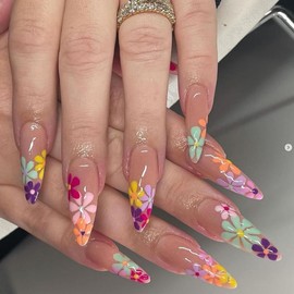 24Pcs Almond Nails Press On，Almond Press On Nails，Almond Shaped Press On Nails, Long Almond Fake Nails with Multi-Colored Flowers Press Ons Design Artificial Nails Stick on Nails For Women