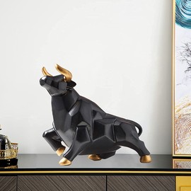 Bull Statue Abstract Bull Sculpture Resin Wolf Figurine Animal Wildlife Ornaments for Living Room Bedroom Office Cabinets - Black L Look Up