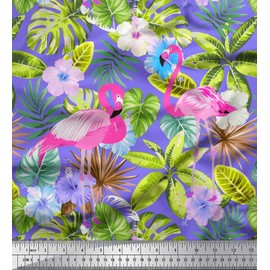 Soimoi Purple Moss Georgette Fabric Flamingo,Tropical Leaves & Floral Fabric Prints By metre 42 Inch Wide