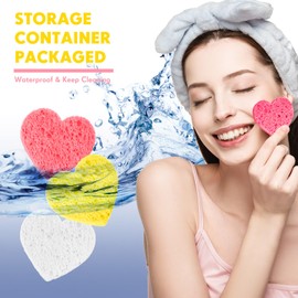 Nuenen 60 Pieces Facial Sponges with Container, Heart Shape Compressed Face Sponges Natural Cleaning Pads for Washing Face Cleaning Exfoliating Esthetician Makeup Removal (Pink,White, Yellow)