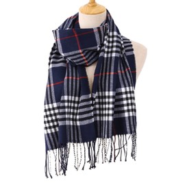 Bufanda unisex enrollable a cuadros de tartán a cuadros con sensación de cachemira, bufanda, regalo para hombres o mujeres, Azul marino, blanco, rojo