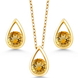 Gem Stone King 18K Yellow Gold Plated Silver 5MM Round Gemstone Birthstone Teardrop Pendant Earrings Set | Jewelry Set for Women | With 18 Inch Chain