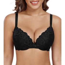 Exclare Women's Push Up Lace Bra Deep V Plunge Thick Padded Underwire Add one Cup(Black,32DD)