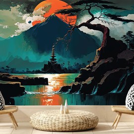 FENDROM Nature Mountain Landscape Sunset Forest Tapestry Trees Anime Cloud Misty Sky Lake Wall Hanging Aesthetic Backdrop for Living Room Dorm Office