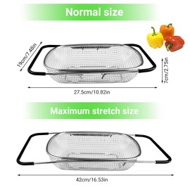 Stainless Steel Sink Strainer, Extendable Stainless Steel Sink Strainer with Fine Strainer Basket and Rubber Handle Strainer, Oval Stainless Steel Strainer for Sink for Straining Draining Washing