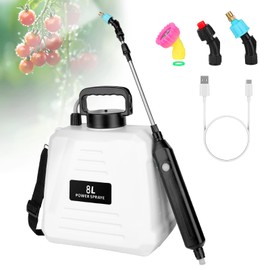 2 Gallon Battery Powered Sprayer, Electric Garden Sprayer, Pump Sprayer with 3 Mist Nozzles & USB Rechargeable Handle & Retractable Wand & Adjustable Strap for Lawn, Garden, Yard (White)
