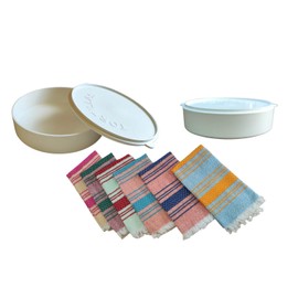 Set 1 tortilleros para tortillas de maíz de Plastico con tapa mas 1 servilletas de tela (Blanco/colores). Calentador de omelette para microondas. Panes, panqueques, pan de pita, pan arabe