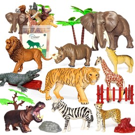 10 Big Realistic Safari Animal Toys for Kids 3-7, Jungle Figures Set with 12 Accessories & Storage Bucket, Educational Plastic Toys