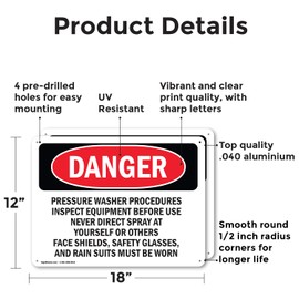 (2 Pack) Pressure Washer Procedures Inspect Equipment OSHA Danger Sign 18 Inch X 12 Inch Indoor/Outdoor Rust-Free Aluminum Metal Signs for Workplace, Workshop, and Construction Site, Made in the USA