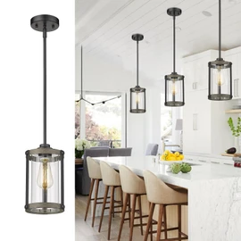 Osimir Farmhouse Pendant Light Fixtures, 1-Light Black Glass Pendant Lights for Kitchen Island, Industrial Rustic Mini Hanging Lighting with Rod, Wood Finish, Adjustable Length, OS-3014