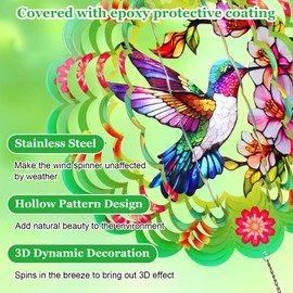 FACIACC Wind Spinners Outdoor,Hummingbird Metal 3D Hanging Garden Decor, 12-inch Stainless Steel Wind Spinner with Tail Spinner, Wind Sculptures for Indoor Patio Lawn Yard, Ornament Gift for Women/Men
