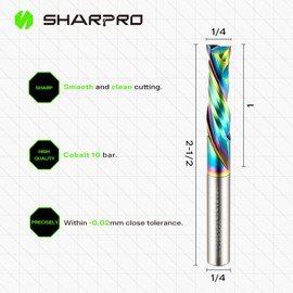SHARPRO Extra Long Compression CNC Router Bit 1/4 Inch Shank and 1/4 Inch Cutting Dia. 1 Inch CL. 2-1/2 Inch OVL. Solid Carbide Up&Down CNC Bits for Wood Cutting, Slot Mortise, Engraving（Coating）