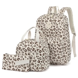 Yusudan Corduroy Girls Backpack Set, 3PCS School Backpacks for Kids Elementary Middle School Bags with Lunch Box Pencil Case (Beige Corduroy Leopard)