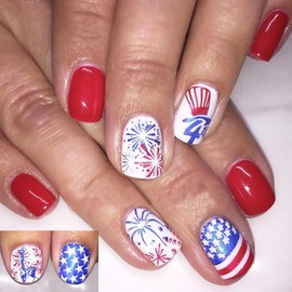 4th of July Press on Nails Short,Independence Day Fake Nails Square False Nails with American Flag & Firework Designs Patriotic Red Blue Glossy Acrylic Nails Stick on Nails for Women Girls 24Pcs