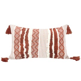 LIGICKY Decorative Boho Lumbar Pillow Covers, Red and White, 30 x 50 cm, Neutral Accent Rectangle Throw Pillow Covers, Hand-Woven Tufted Tassel Farmhouse Pillowcase for Couch Sofa Bed Living Room