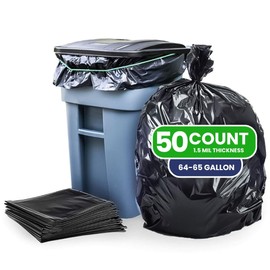 Plasticplace Plasticplace Black Trash Bags (50 Count): Heavy-Duty 64-65 Gallon Garbage Bags, Trash Can Liners, 1.5 Mil for Toter, Perfect Garbage Bag, 50 x 60, Durable Can Liners
