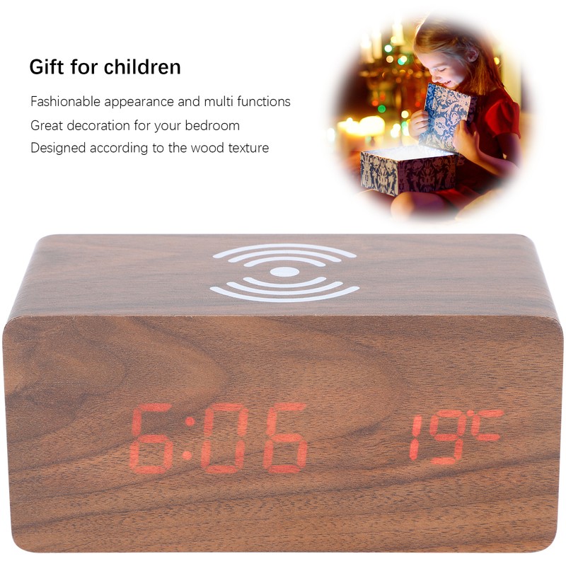 Wireless Charging Clock Digital LED Electronic Alarm Rectangular Wooden Bedside