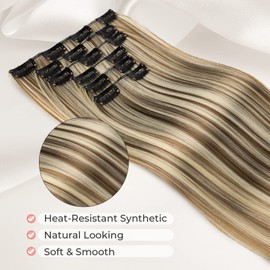 Clip in hair extensions，LONAI 6PCS Straight 24" Hair Extensions for Women，Heat Resistant Synthetic Hairpiece-Brown with Light Blonde