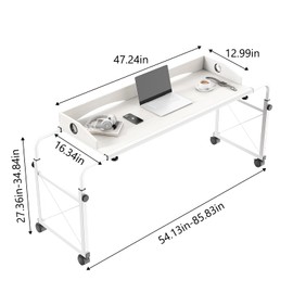 Overbed Table with Wheels, Overbed Desk with Adjustable Length and Height, Rolling Over Bed Desk, King Queen Over The Bed Table on Wheels, Heavy Duty Laptop Table for Hospital and Home (White, 1.2M)