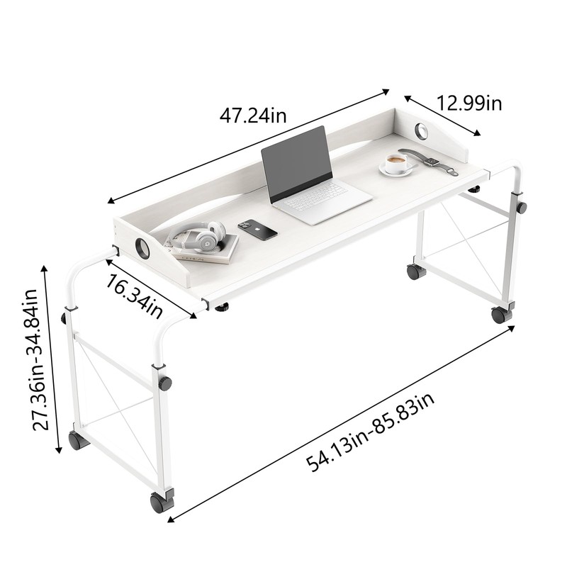 Overbed Table with Wheels, Overbed Desk with Adjustable Length and