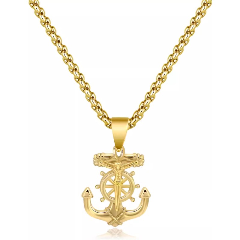 JAJAFOOK Men's Stainless Steel Silver Nautical Anchor Jesus Cross Necklace