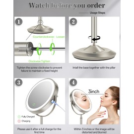 vpu Makeup Mirror with Lights, 1X/30X Lighted Magnifying Mirror Height Adjustable, 3000mAh Rechargeable Double Sided Vanity Mirrors with 3 LED Lighting and Adjustable Brightness for Desk Women Gift