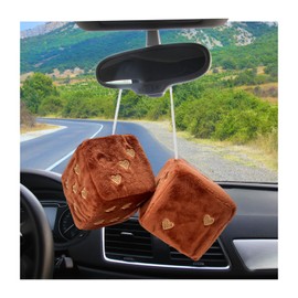 Dickno 2 PCS Fuzzy Plush Dice for Car Mirror, 3" Soft Retro Square Heart-Shape Rearview Mirror Ornament, Universal Interior Hanging Dice Decor Accessories for Women (Coffee)